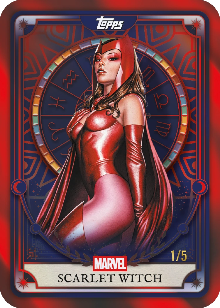 Scarlet Witch stands inside an ornate red and blue frame on a Neon Tarots Red Foil preview numbered 1/5.
