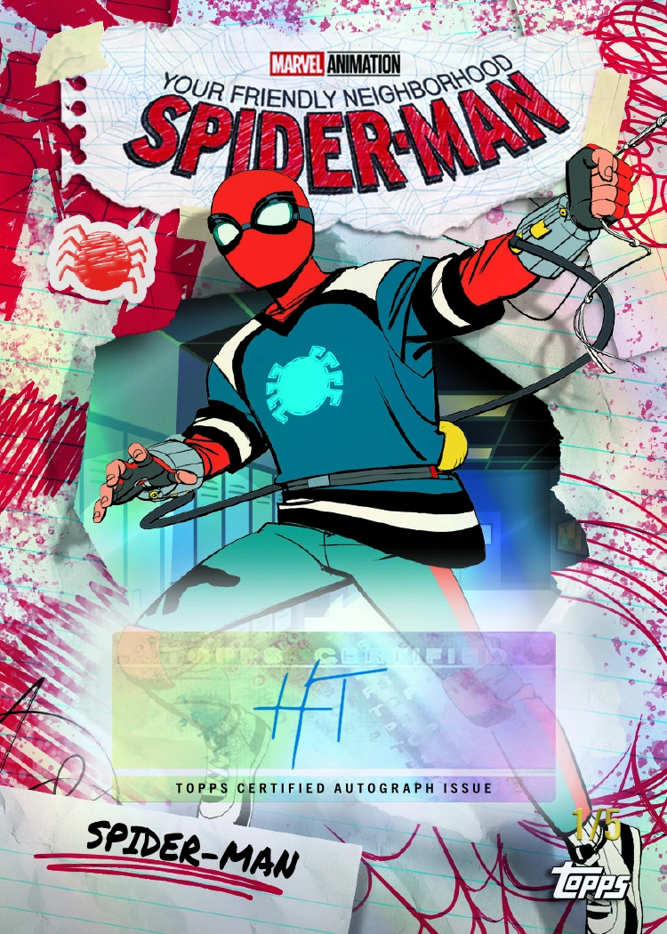 An animated Spider-Man in a homemade outfit appears above a blue autograph on the Friendly Neighborhood Spider-Man autograph preview.