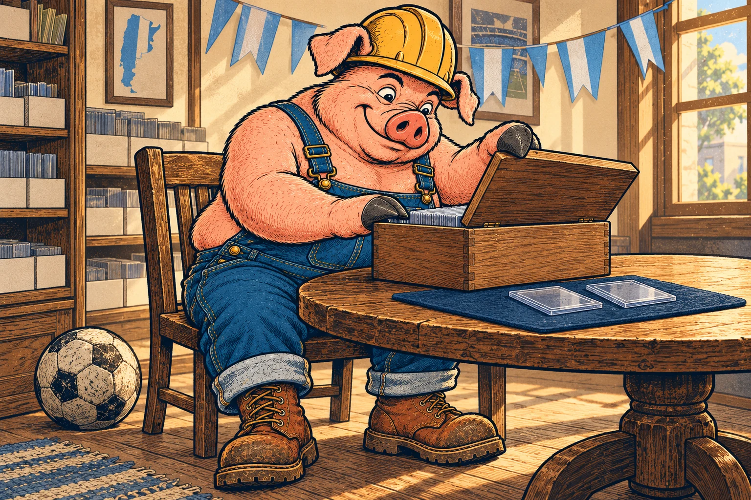 Hammy opens a wooden card-storage box at a round shop table, with two clear holders on a blue mat, sky-blue and white pennants overhead and a soccer ball beside his chair.