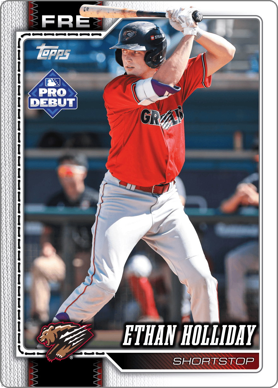 Ethan Holliday’s Pro Debut promotional preview in a red Fresno Grizzlies jersey, with Fresno branding, a white frame and the Pro Debut logo.
