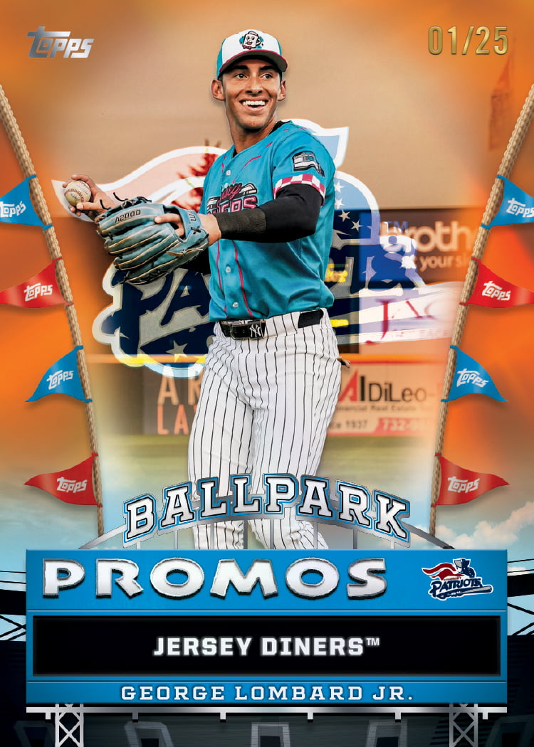 George Lombard Jr.’s Orange Ballpark Promos promotional preview in Jersey Diners uniform, with the Somerset Patriots logo and 01/25 numbering.