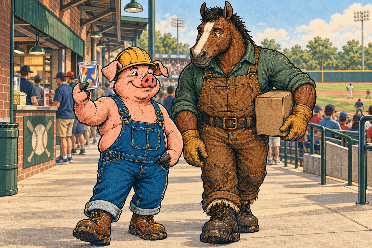 Hammy and Clyde walk through a small baseball park concourse, sharing a look at a protected card while Clyde carries a plain corrugated case.