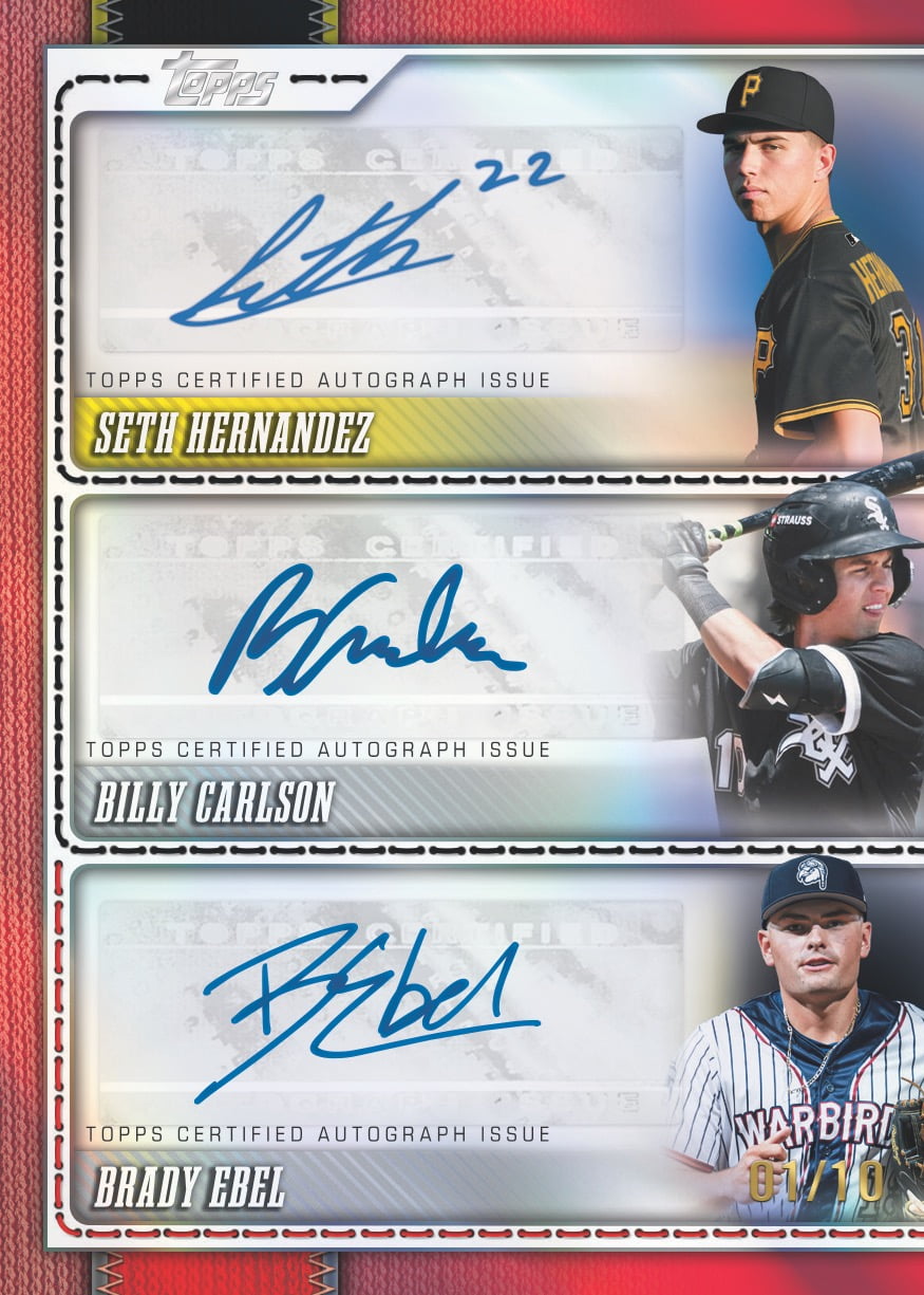 Seth Hernandez, Billy Carlson and Brady Ebel’s Triple Autographs promotional preview, with three stacked signature panels and 01/10 numbering.