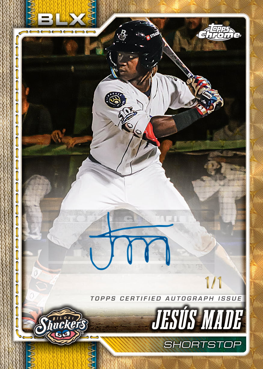 Jesús Made, Biloxi Shuckers Chrome Superfractor autograph, 2026 Topps Pro Debut promotional preview.