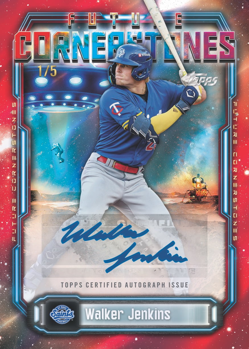 Walker Jenkins’ Red Future Cornerstones autograph promotional preview, with a blue Saints helmet, a space background, a large blue autograph and 1/5 numbering.