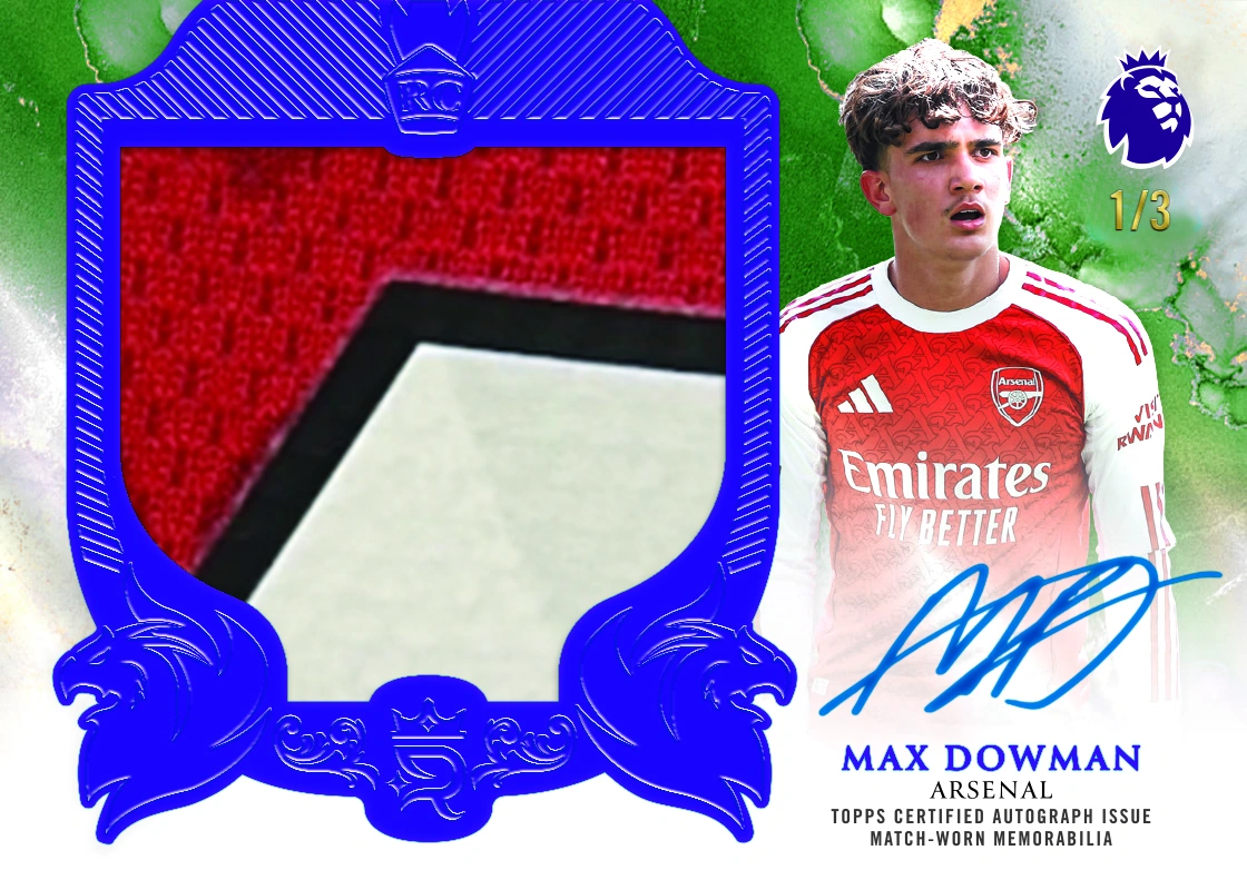 Max Dowman appears beside a large red, white and black patch inside a purple frame on a Royalty autograph-relic preview marked 1/3.
