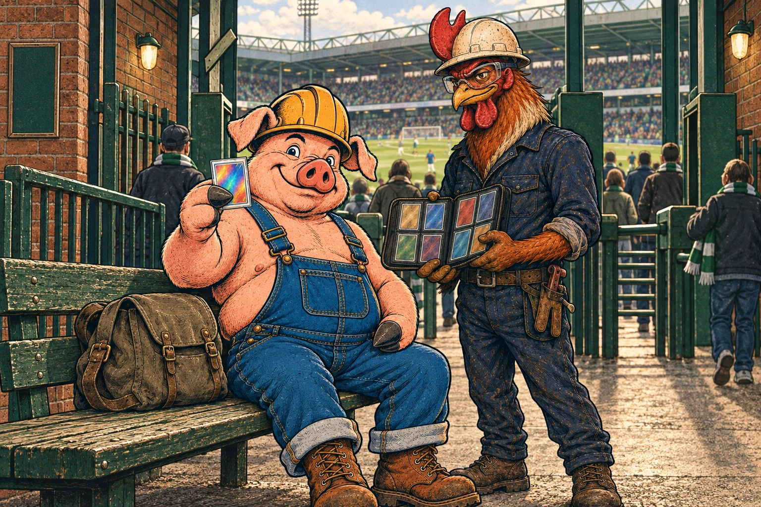 Hammy and Riggs compare cards before a football match.