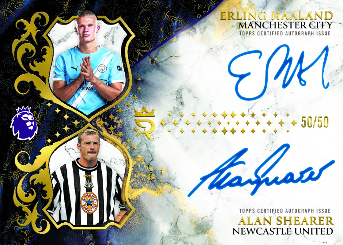 Erling Haaland and Alan Shearer appear beside two blue signatures on a landscape Crown Duals card marked 50/50.
