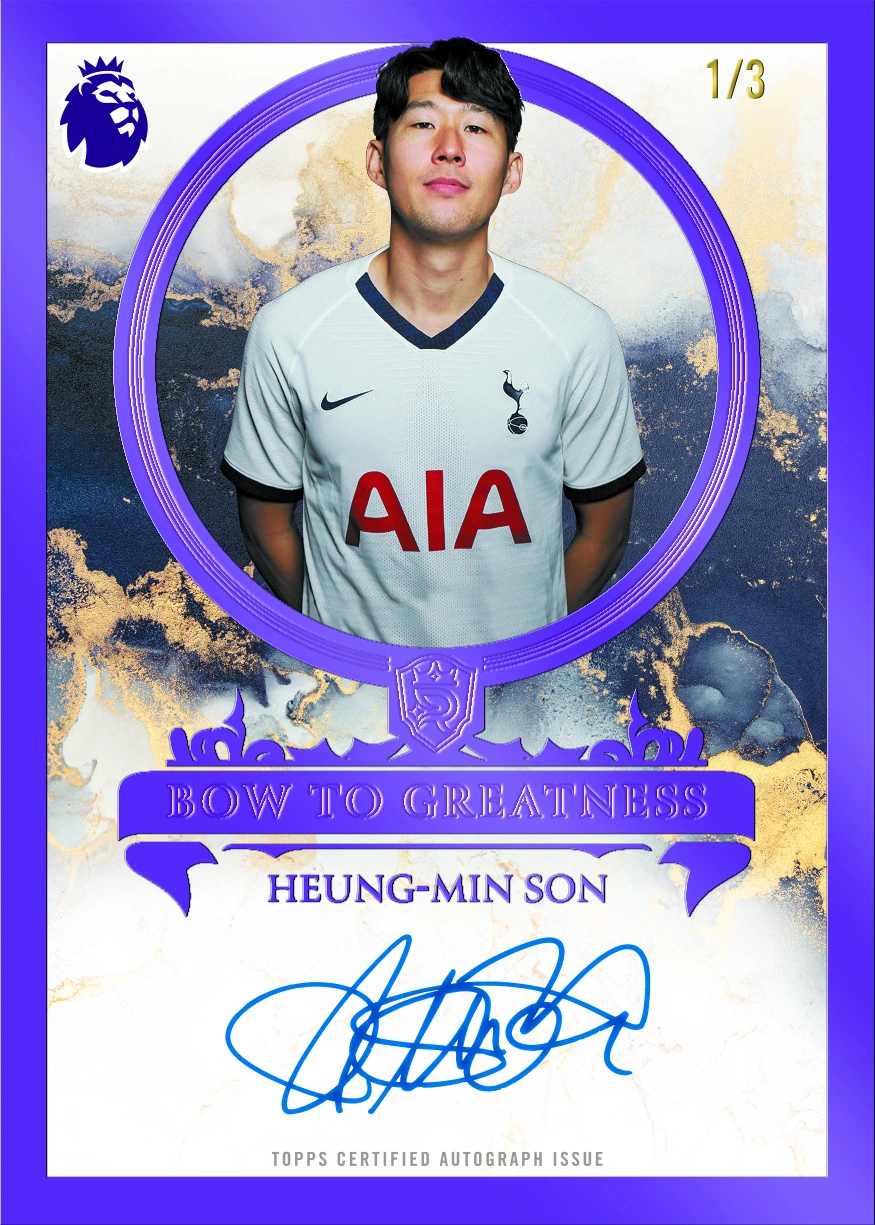 Heung-Min Son stands inside a purple circular border above a blue autograph on a Bow to Greatness preview marked 1/3.