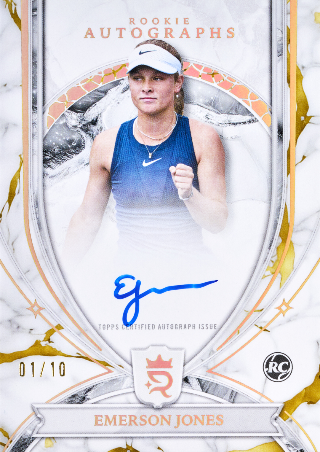 Emerson Jones’ Gold Rookie Autographs promotional preview, showing blue ink, an RC mark and 01/10 numbering against a white, silver and gold frame.
