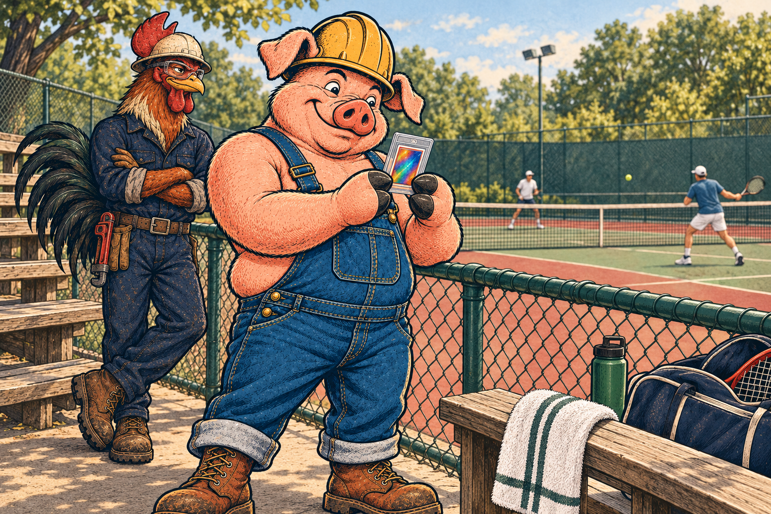 Hammy holds a protected tennis card while Riggs watches play from the spectator area beside a sunny tennis court.