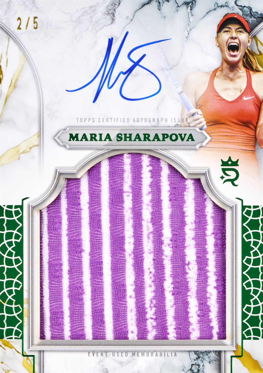 Maria Sharapova’s Green Superior Relic Signatures promotional preview, with 2/5 numbering, a blue autograph and a large purple-and-white striped fabric window.