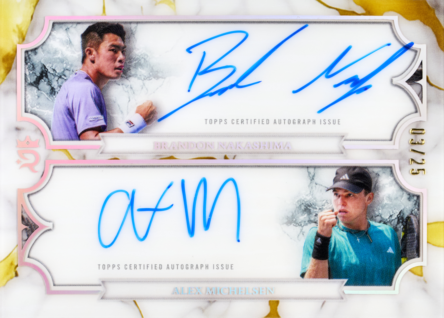 Brandon Nakashima and Alex Michelsen’s horizontal Dual Autographs preview, with separate portraits, blue signatures and 03/25 numbering.