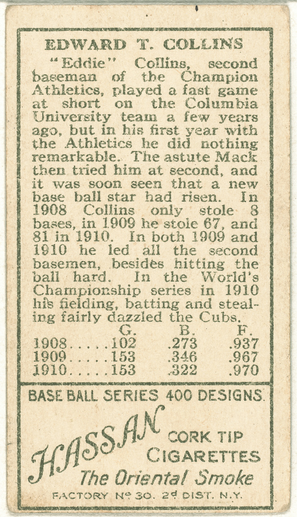 The reverse of Eddie Collins’ original 1911 T205 card, showing a career biography, 1908–1910 statistics and Hassan cigarette advertising.