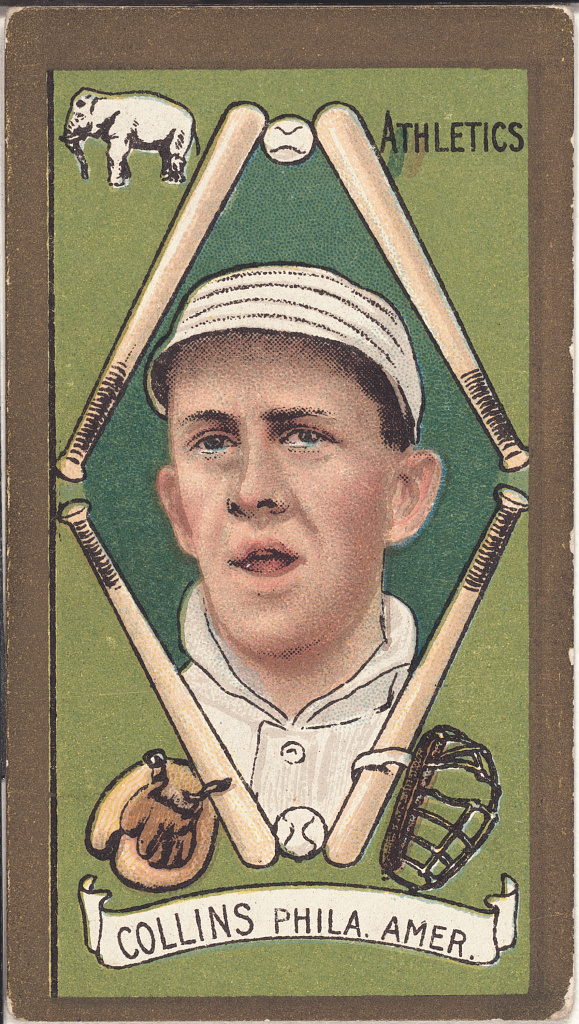 Eddie Collins on an original 1911 T205 Philadelphia Athletics card, with a diamond of bats, baseballs, two gloves and a name banner.