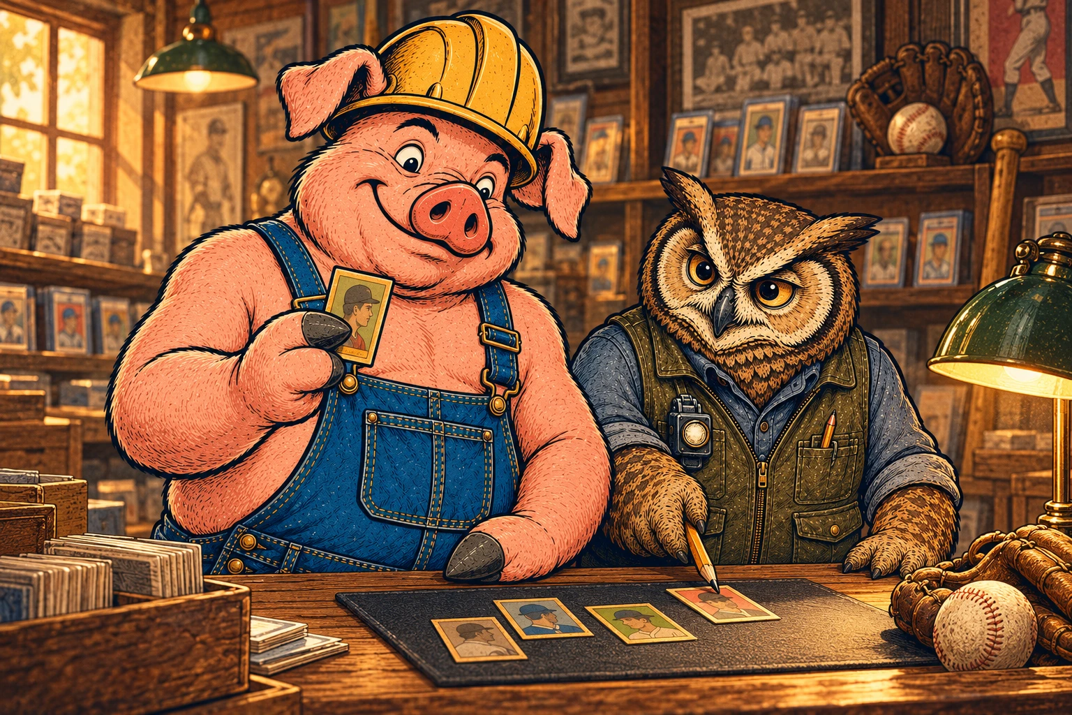 Hammy holds a small gold-bordered portrait card at the shop counter while Lemmy points toward another card on a dark mat.