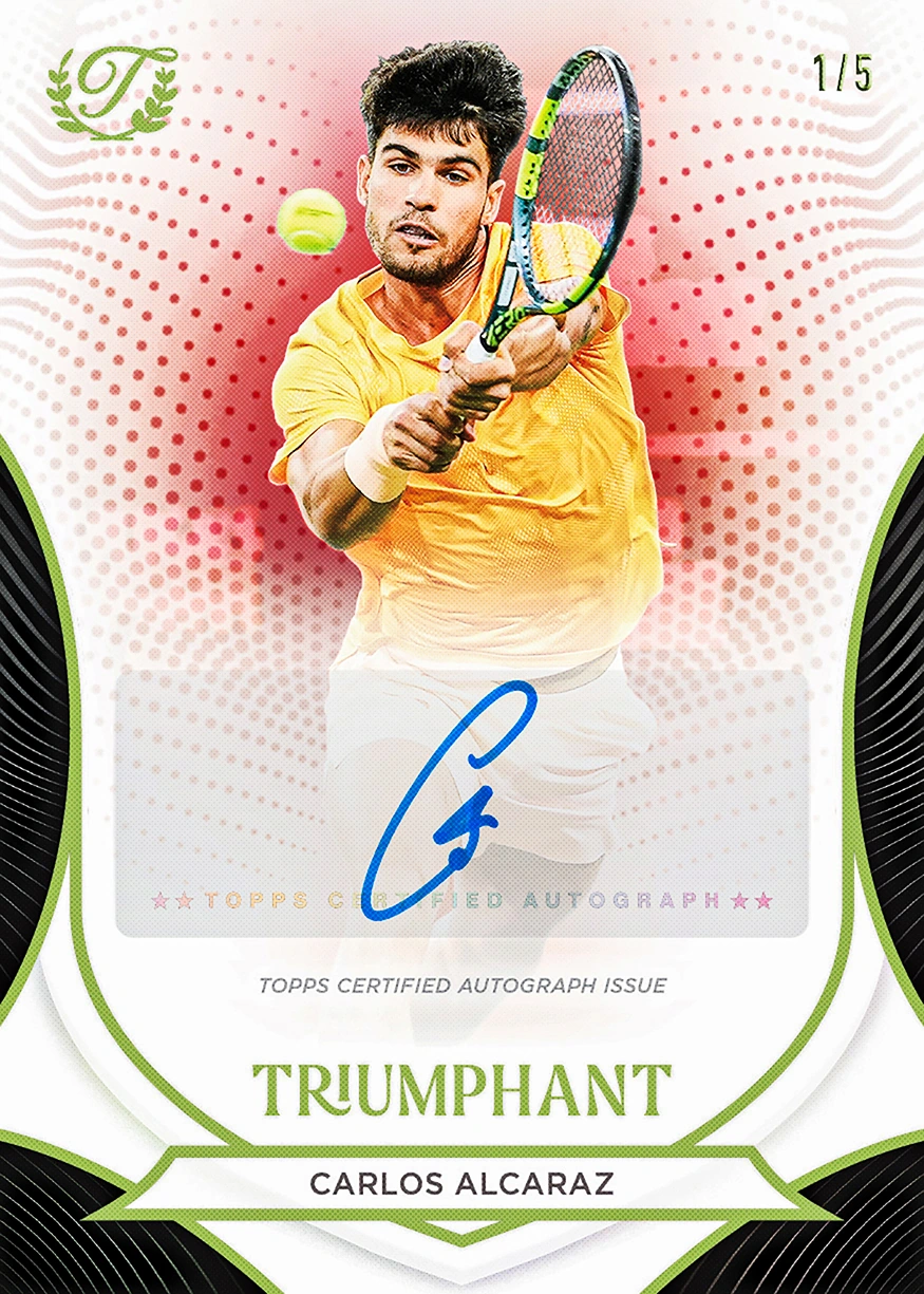Carlos Alcaraz plays a shot above a blue autograph on a red-accented Triumphant Tennis card numbered 1/5.