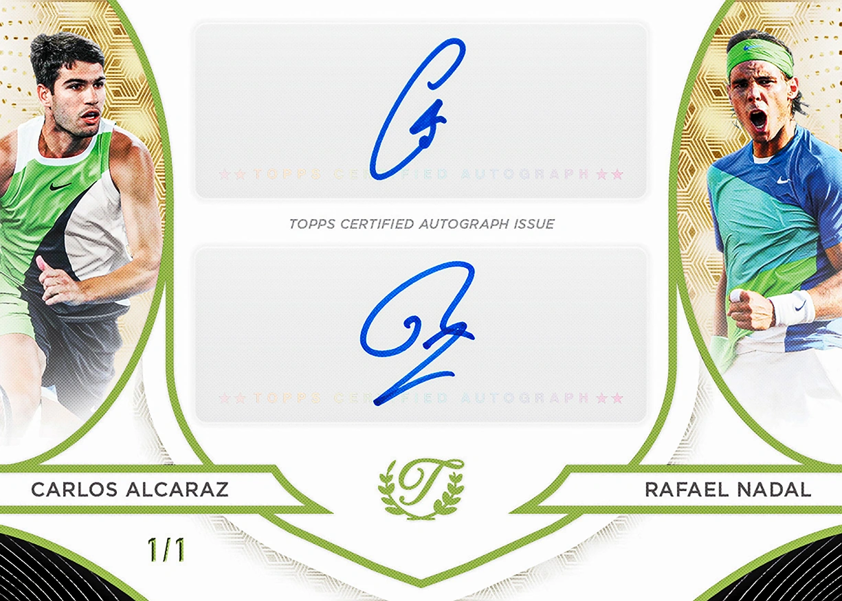 Carlos Alcaraz and Rafael Nadal share a horizontal Triumphant Tennis Dynamic Doubles 1/1 autograph card with two blue signatures.