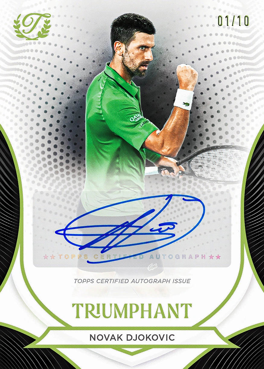 Novak Djokovic pumps his fist above a blue autograph on a dark-accented Triumphant Tennis card numbered 01/10.