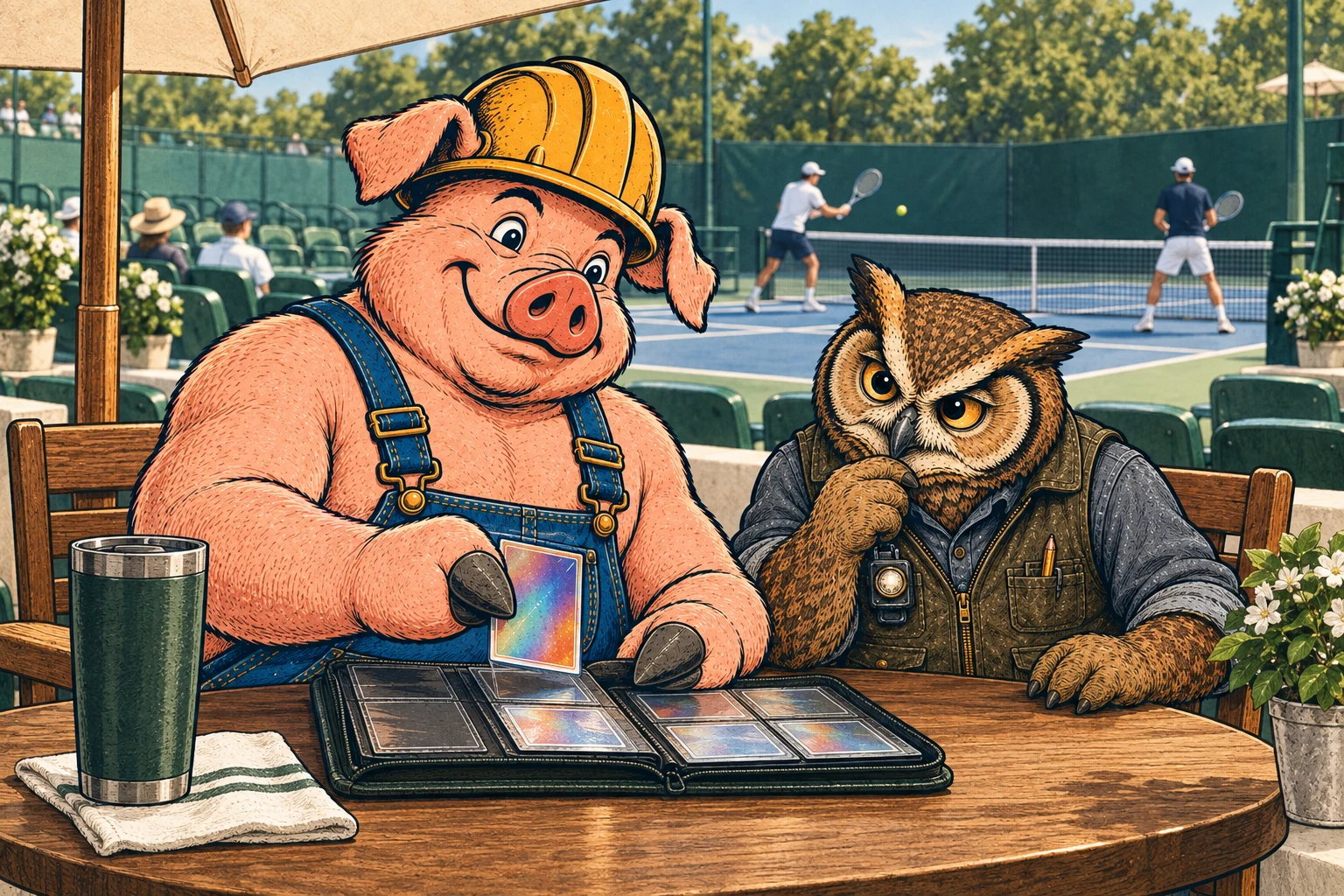 Hammy and Lemmy examine a card beside an outdoor tennis court.