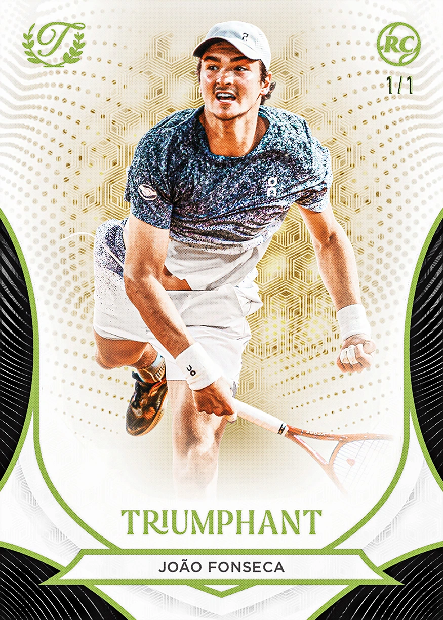 João Fonseca moves across the court with his racket held low on a gold Triumphant Tennis 1/1 rookie card.
