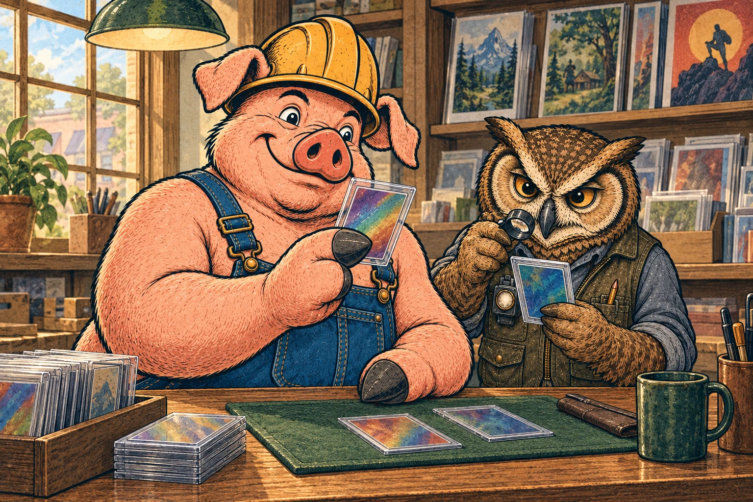 Hammy and Lemmy examine collectible illustration cards at a hobby shop.