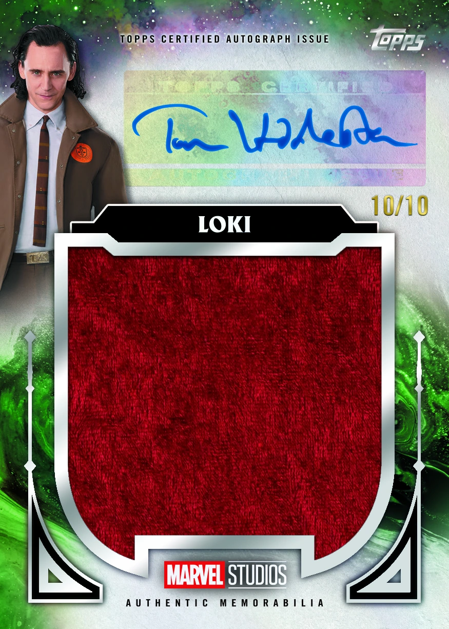 Tom Hiddleston appears above a blue autograph and a large red relic on a Loki From the Set Autographs preview numbered 10/10.
