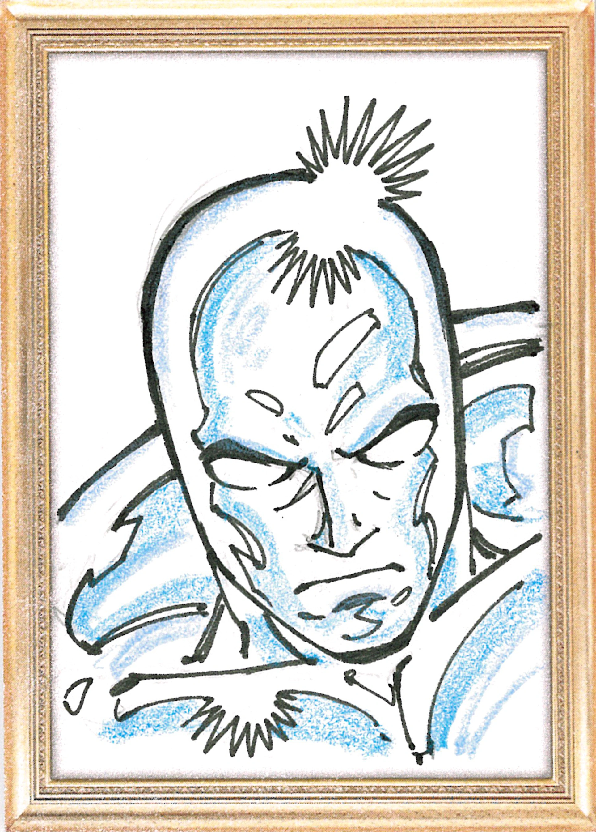 Ron Lim's Silver Surfer sketch uses black outlines and pale blue shading inside a gold-colored decorative frame.