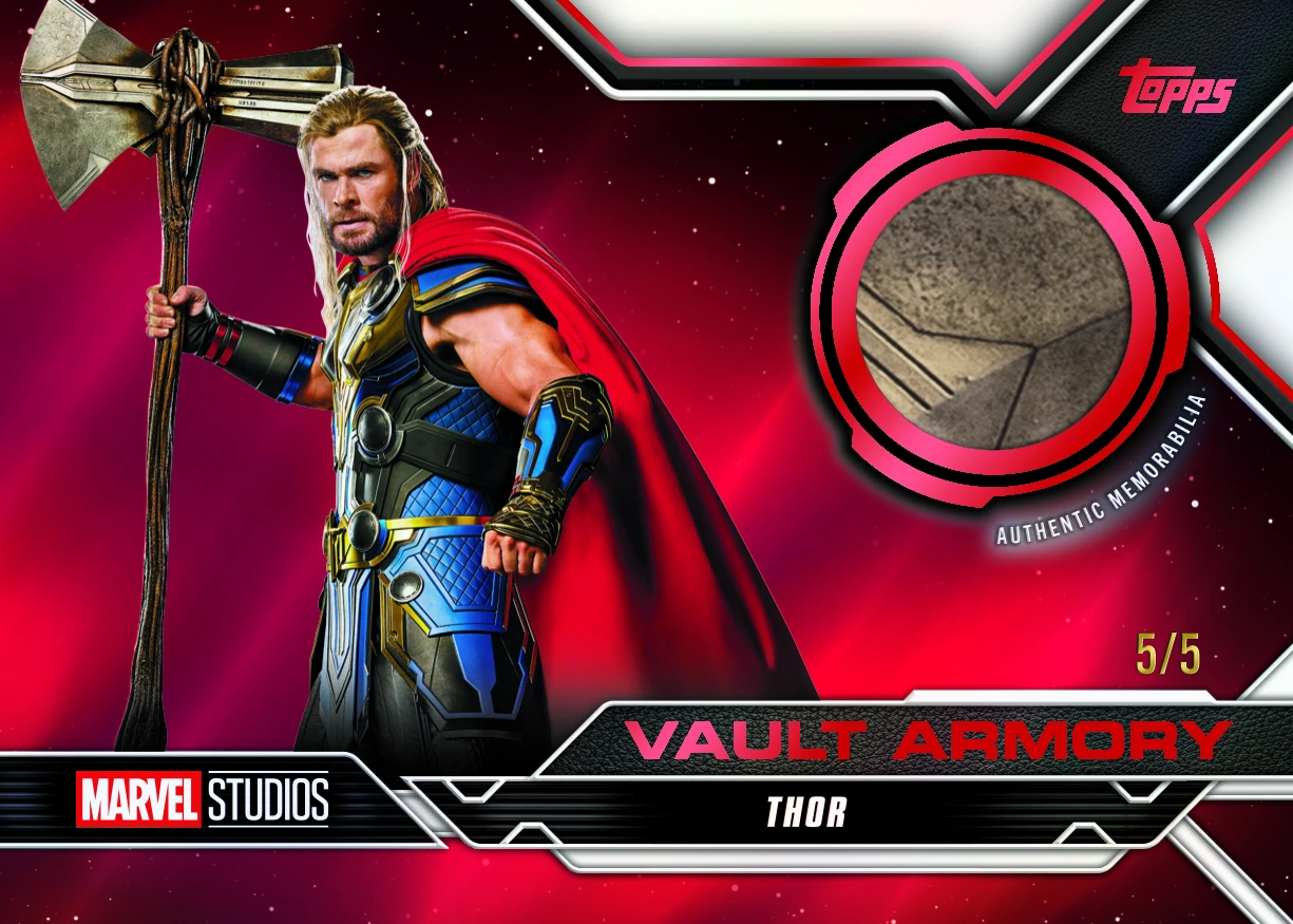 Thor holds Stormbreaker beside a round relic window on a red 2026 Topps Vault Marvel Vault Armory card marked 5/5.