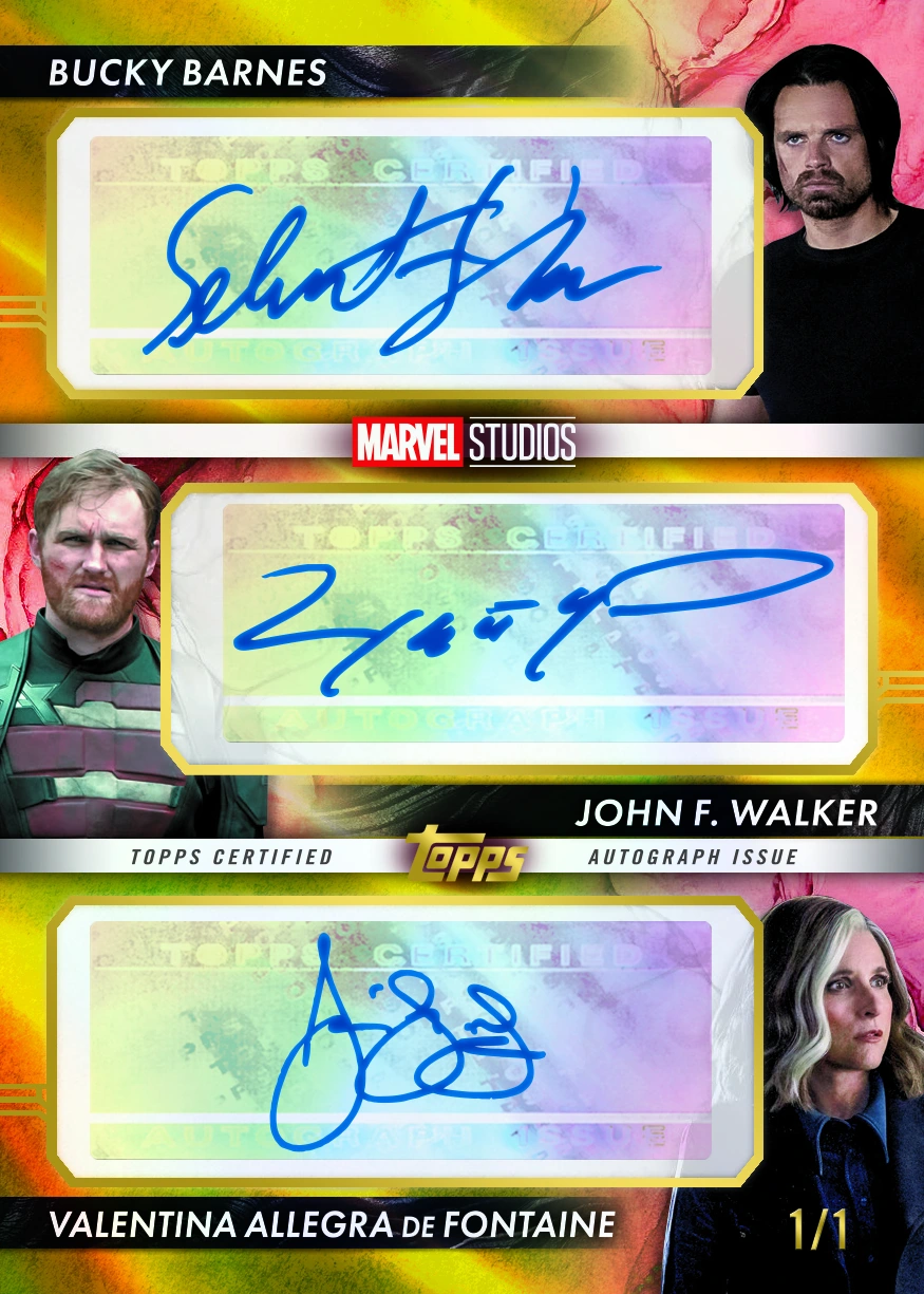 Sebastian Stan, Wyatt Russell and Julia Louis-Dreyfus appear beside three stacked blue autographs on a Vault Marvel Gold preview marked 1/1.