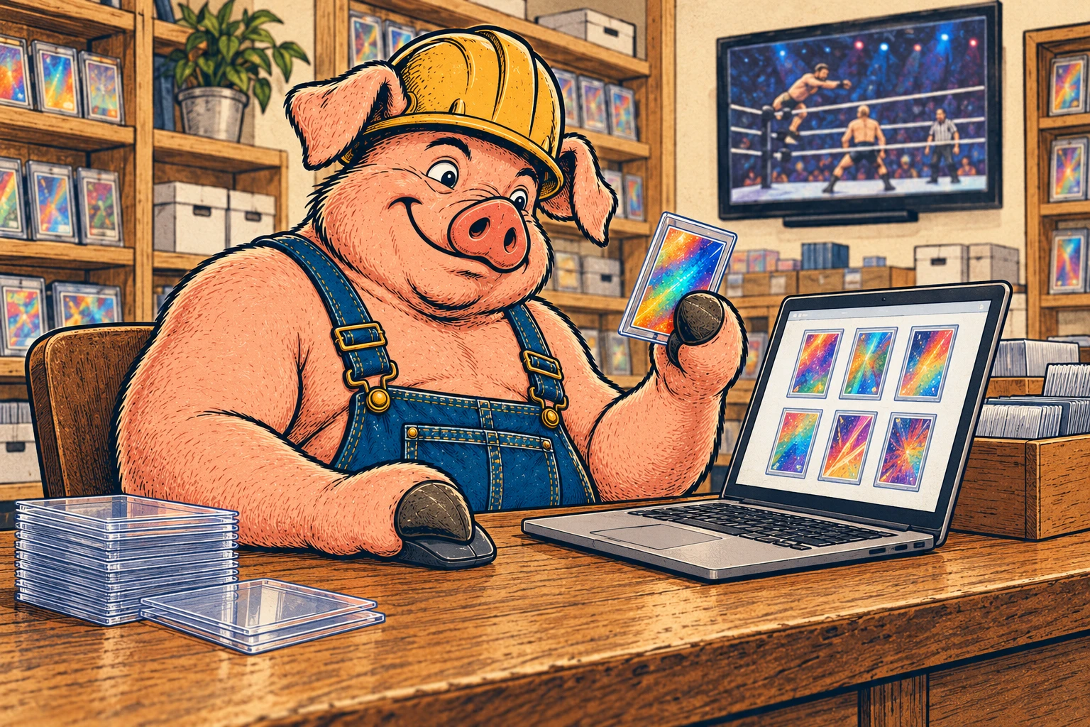 Hammy sits at the card-shop counter comparing a sleeved rainbow card with cards on his laptop while wrestling plays on the television.