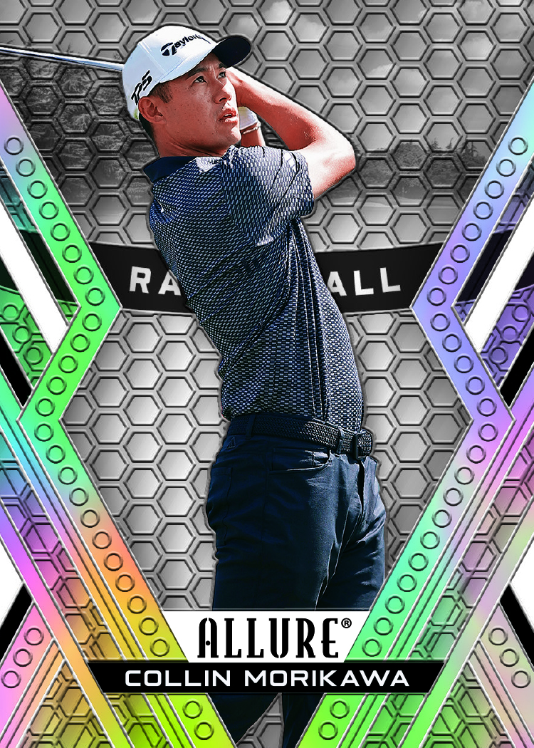 Collin Morikawa on a silver honeycomb-patterned Range Ball card with reflective angular borders.