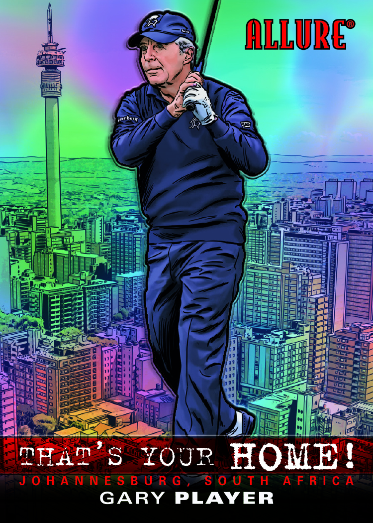 Gary Player illustrated over the Johannesburg skyline on a That's Your HOME! card.