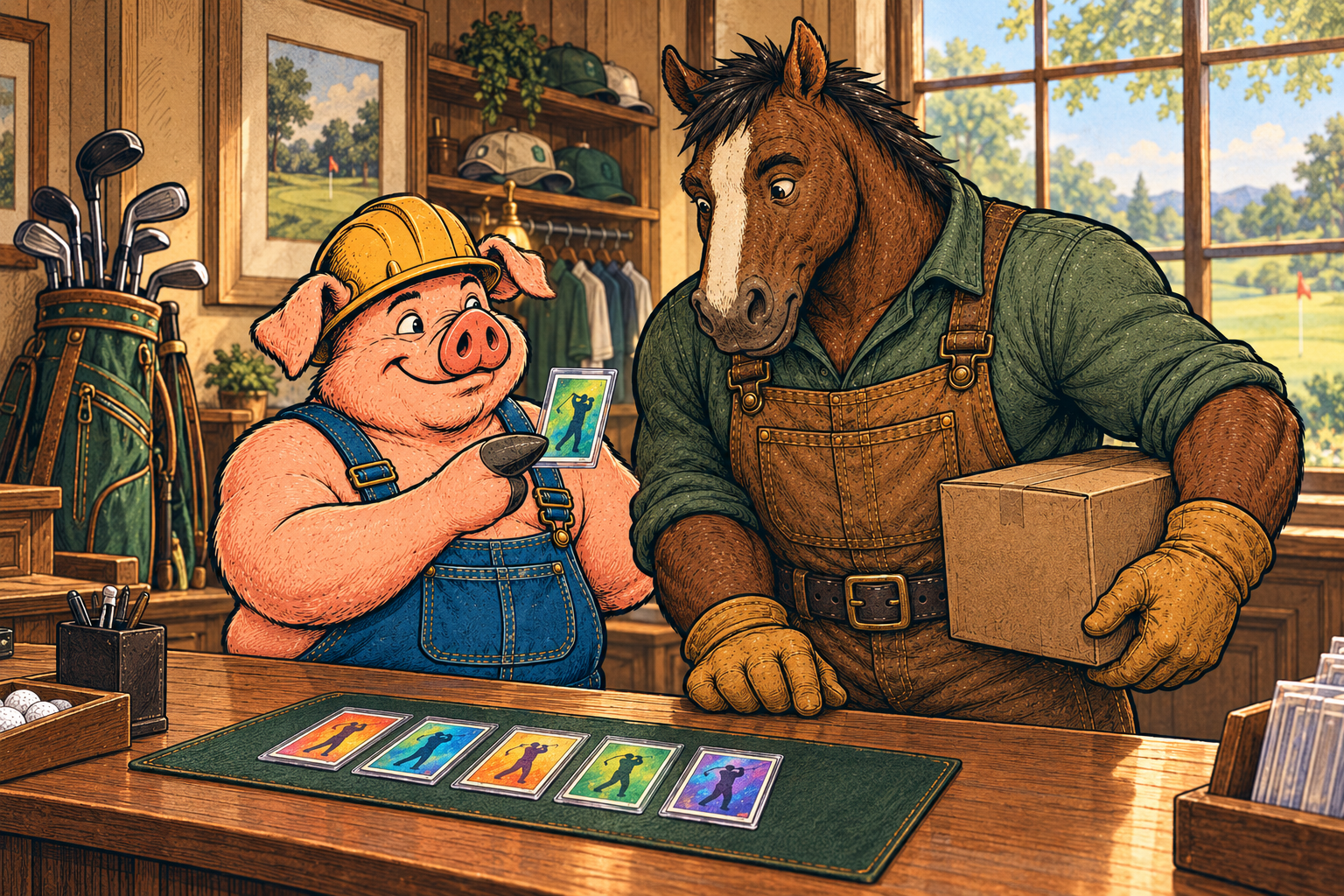 Hammy shows Clyde a sleeved golf card at a clubhouse counter, with five colorful cards arranged in front of them.