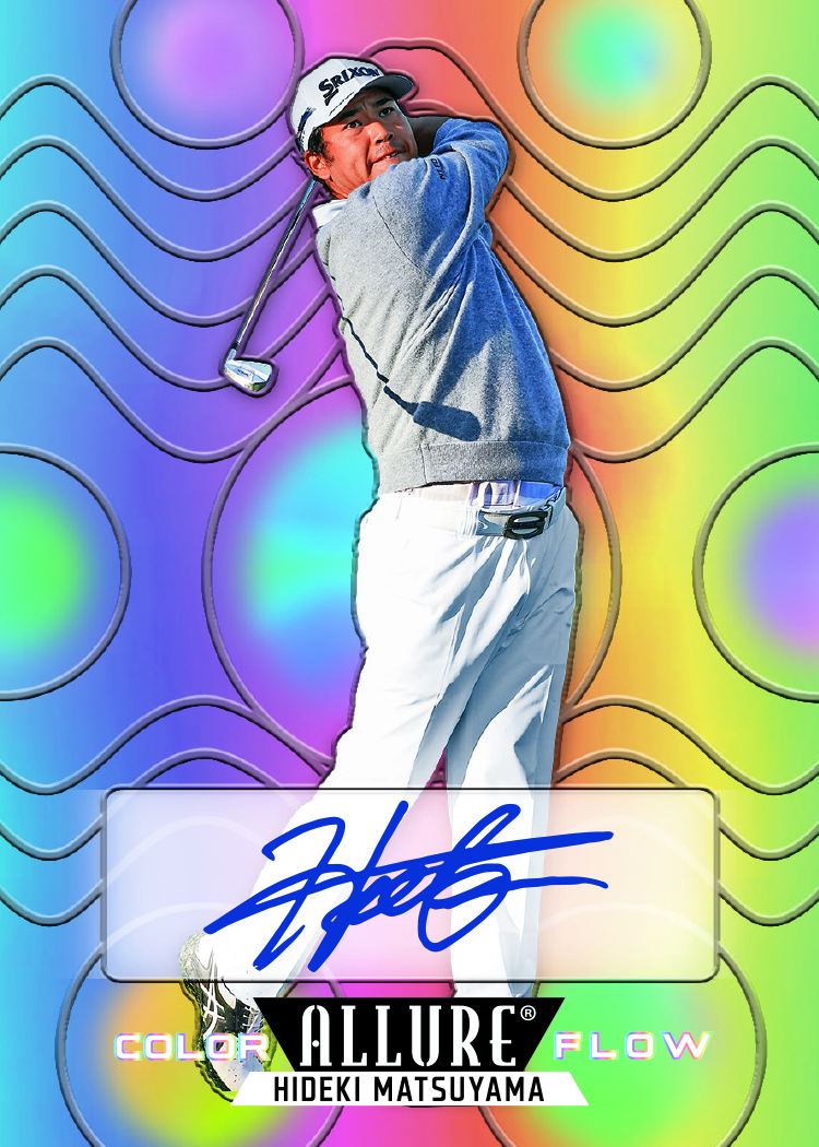 Hideki Matsuyama finishing his swing over a multicolored Color Flow background with a blue autograph across the lower panel.