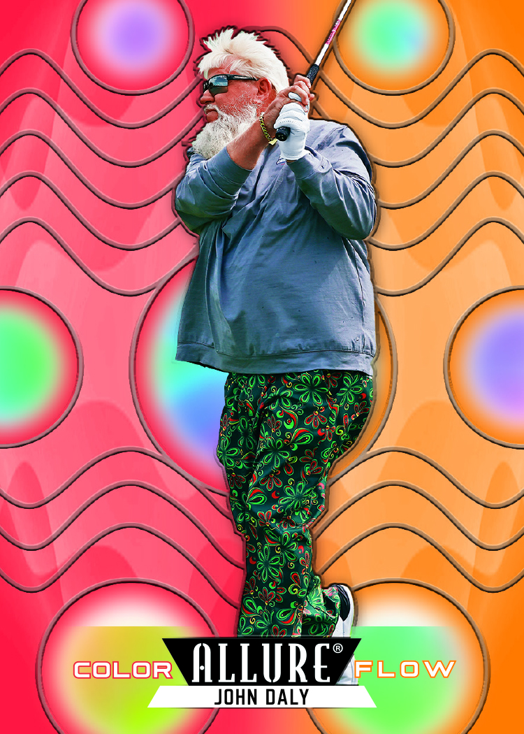 John Daly in patterned green trousers on a red and orange Color Flow card.
