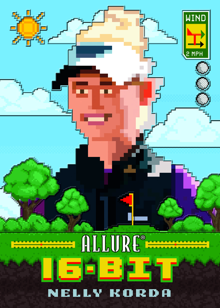 Nelly Korda depicted in pixel art with trees, a flag and a two-mile-per-hour wind indicator.