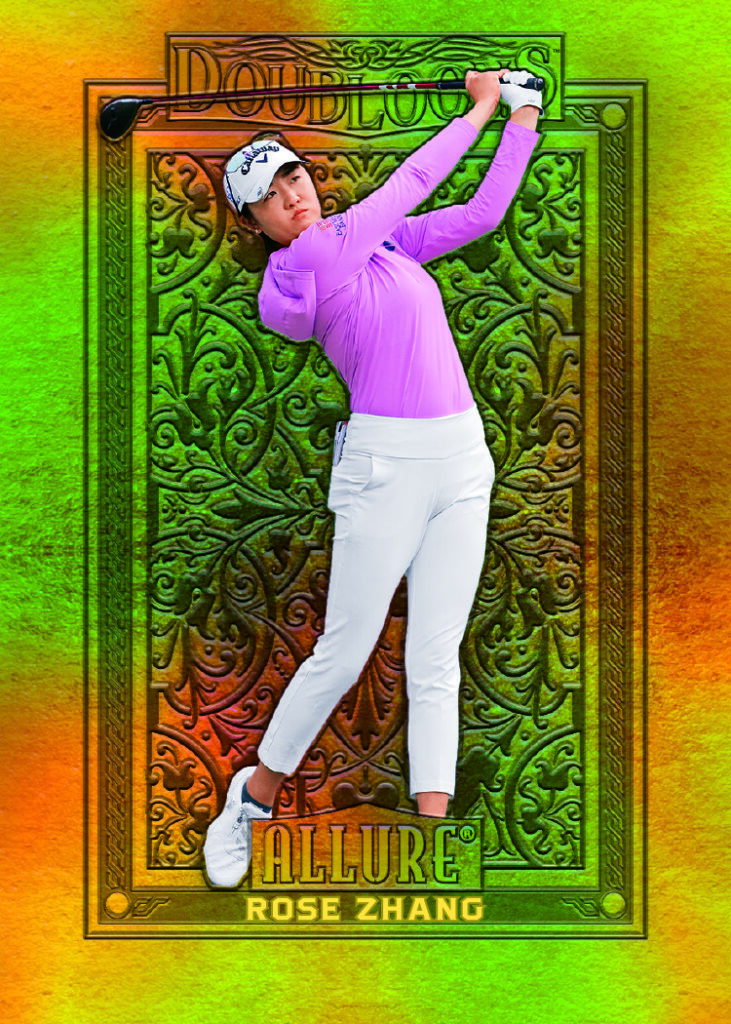 Rose Zhang in a purple shirt on a gold and green Doubloons card with an ornate frame.