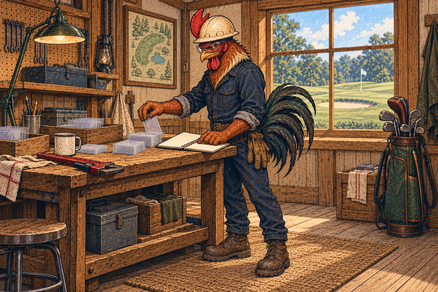 Illustration of a rooster in a hard hat, safety glasses, navy coveralls, and work boots sorting clear card sleeves beside a blank notebook at a wooden workbench. Golf clubs and a golf course are visible nearby.