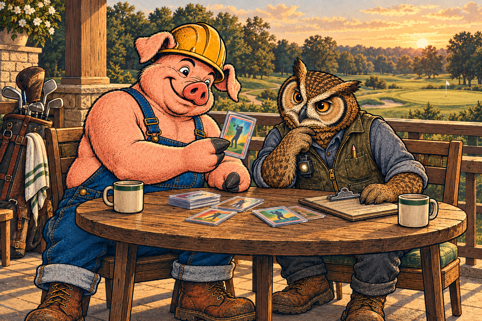 Hammy and Lemmy examining sleeved golf cards at a wooden clubhouse terrace table, with a fairway beyond the railing.