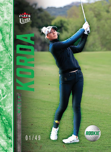 Nelly Korda following through on a green fairway, with an emerald name strip and a 01/49 preview number.