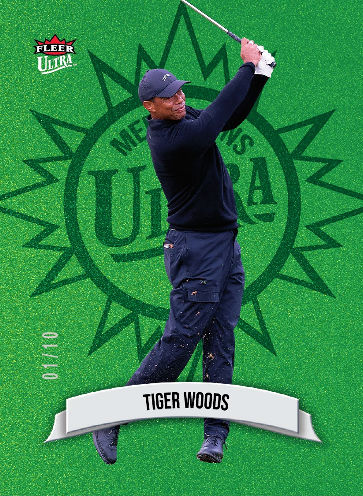 Tiger Woods finishing his swing over a large Ultra starburst on an emerald-green Medallions card.