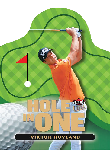Viktor Hovland in an orange shirt on a putting-green-shaped Hole in One card with a red flag and oversized golf ball.