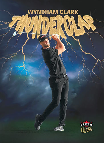Wyndham Clark completing his swing against dark blue clouds and gold lightning beneath the Thunderclap title.