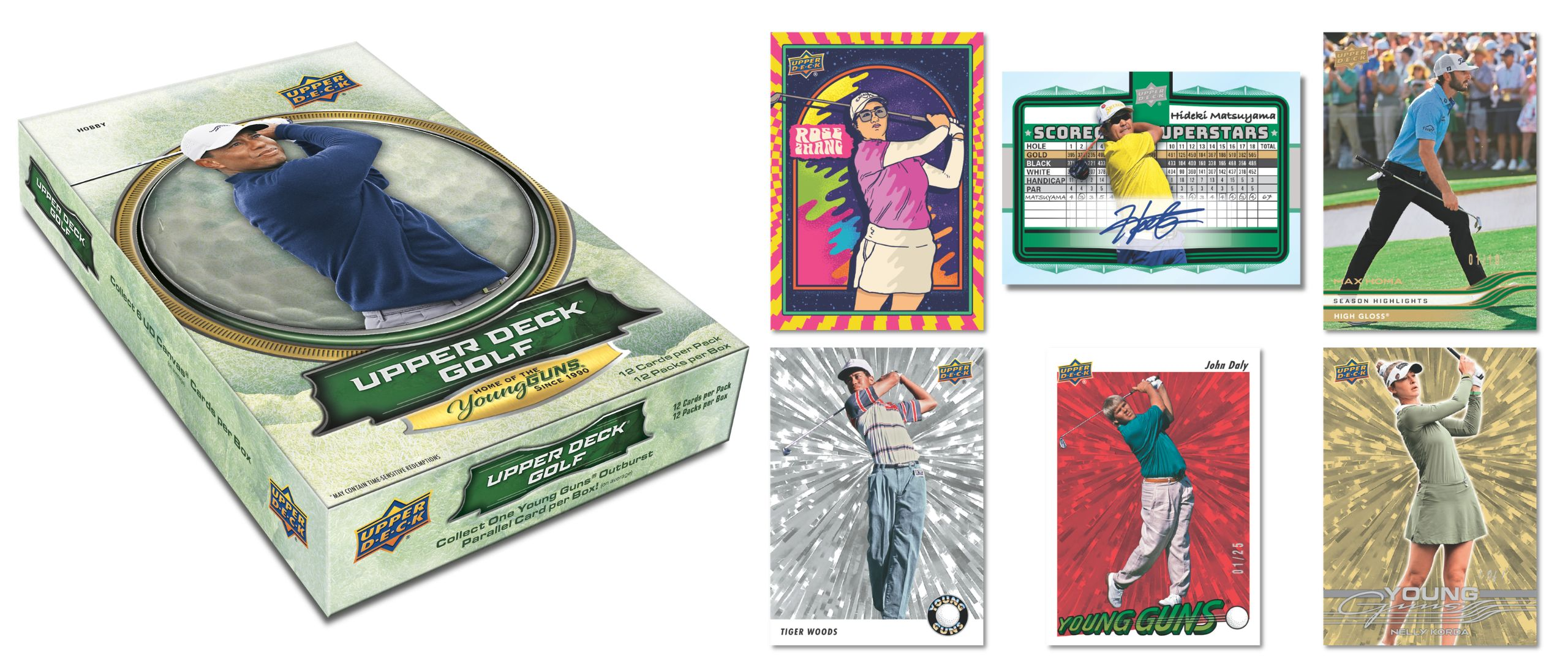 Upper Deck Golf hobby box featuring Tiger Woods beside six sample cards featuring golfers including Hideki Matsuyama, Max Homa, John Daly and Nelly Korda.