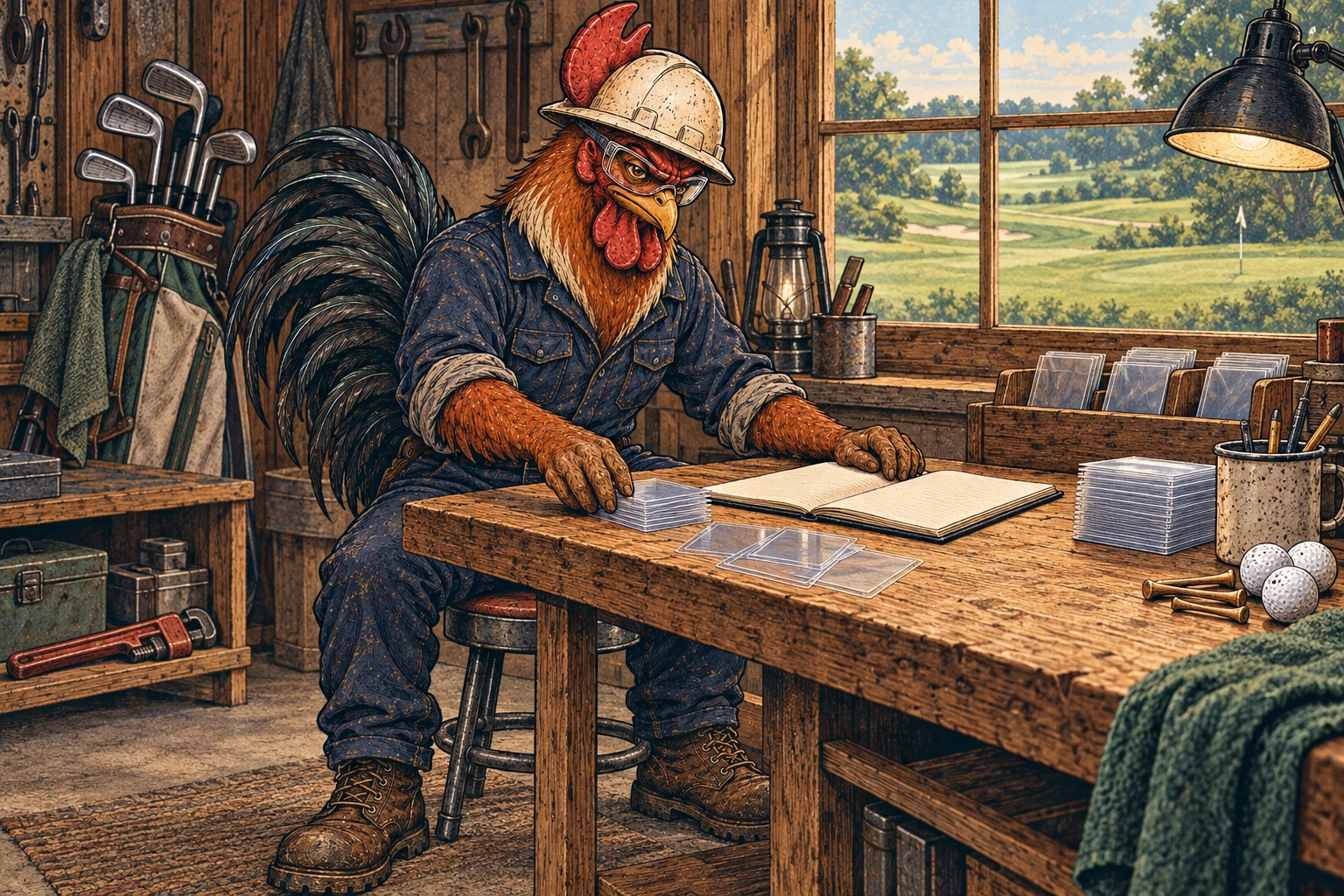 A russet-and-cream rooster wearing an off-white hard hat, safety glasses, navy coveralls and brown work boots sits at a wooden workbench, sorting clear card sleeves beside an open blank notebook. Golf clubs, balls and tees surround him, and a golf course is visible through the workshop window.