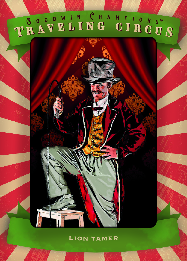Lion Tamer illustrated in a top hat and red coat, framed by circus curtains and red-and-cream rays.