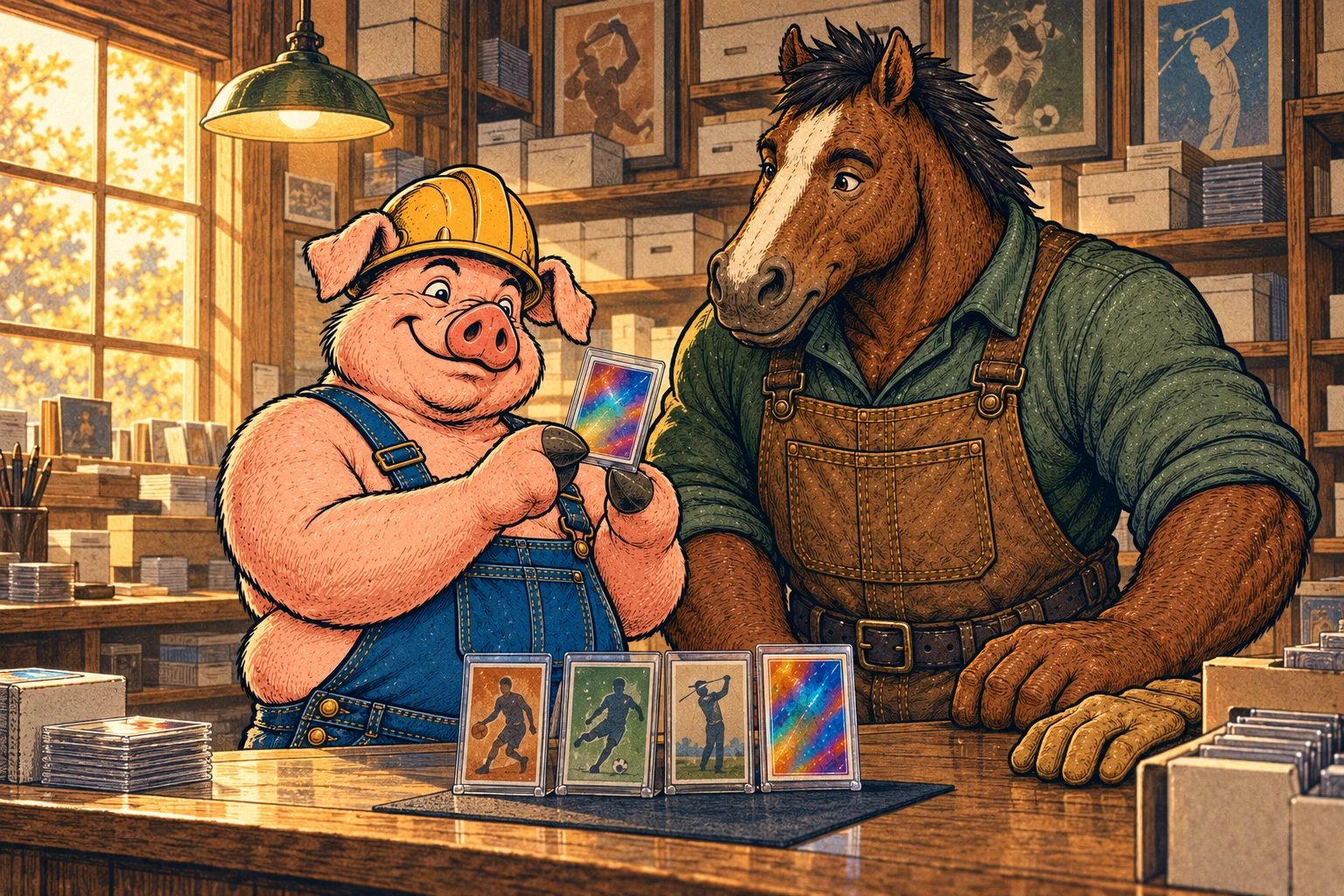 Hammy shows Clyde a protected card at the shop counter beside basketball, soccer and golf cards.