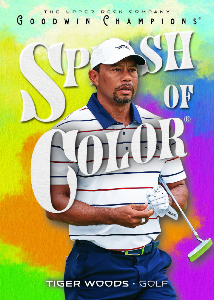 Tiger Woods holding a golf club in front of a multicolored background and large white Splash of Color lettering.