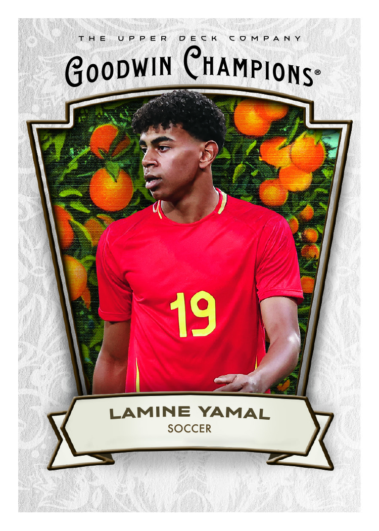 Lamine Yamal in a red No. 19 shirt, framed by orange trees and a cream name ribbon.